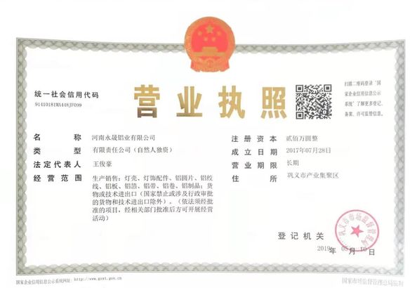CHINA Henan Yongsheng Aluminum Industry Co.,Ltd. zertifizierungen
